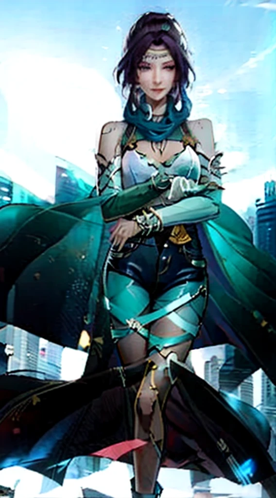 1 girl, ass, bare_shoulders, black_scarf, blue_eyes, blue_scarf, shorts, bracelet, breasts, architecture, city, cityscape, green_scarf, grin, hand_on_hip, lamppost, looking_at_viewer, medium_breasts, noon, night, scarf, short_hair, silver_ hair, skyscraper, smile, solo, spiked_bracelet, sports_bra, sweatband, watch, white_hair, white_scarf, wristband, watch