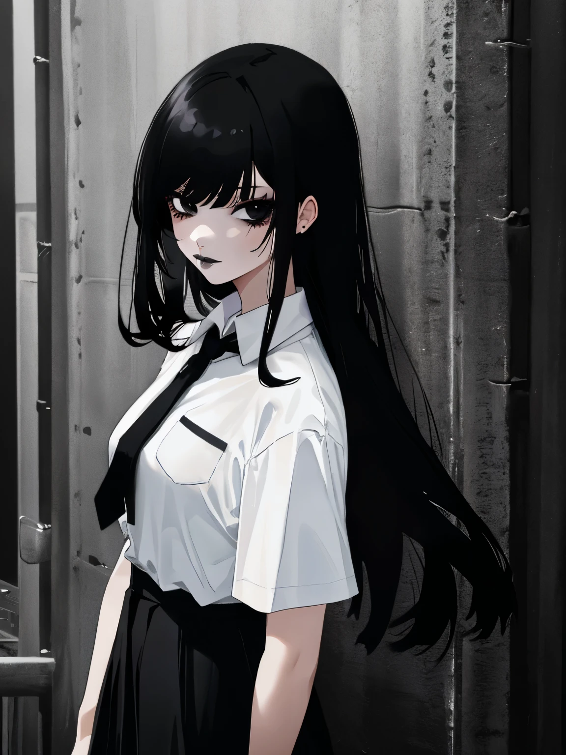 1girl, outdoors, white shirt, short sleeves, black tie, black hair, long hair, bangs, black skirt, looking at viewer. black eyes, eyeliner, goth, black lipstick, black lips