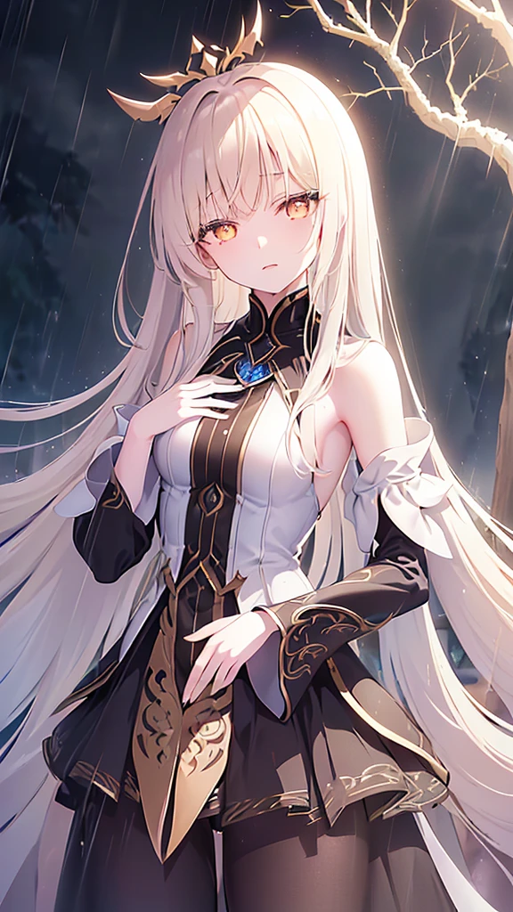 Name: Umbraaka
Element: UMBRANOX
Description: The Guardian of Shadows, protector of the enchanted forest. Her ebony skin glows subtly in the dark, while her gold eyes reflect the moonlight. Graced with powers of stealth and illusion, she's a wise and cautious ally.
Prompt: ((((Mstepas, Exceptional quality, ultrahigh resolution)))), 1girl, standing, (long, black hair, waving), pale skin with faint,shimmering umbranox Marks, (выед medicine lacrimal vis those gold eyes shine in darkness), (((ultra detailed face, beautiful face)), ((head tilt, or shoulders look sleeve strap+hand gesture to side)), Half_body, outdoors, night, ((rain, thick branches or collapse borders around for extra emphasys on forest mystery)), long coat, gentle smile, facing viewer, (((latest_technology, detailed ethnic lines, defined jawline, expressive lips)), period expensive,almost royal), 23 years old, sophistacated and elegant, ((long train behind))
