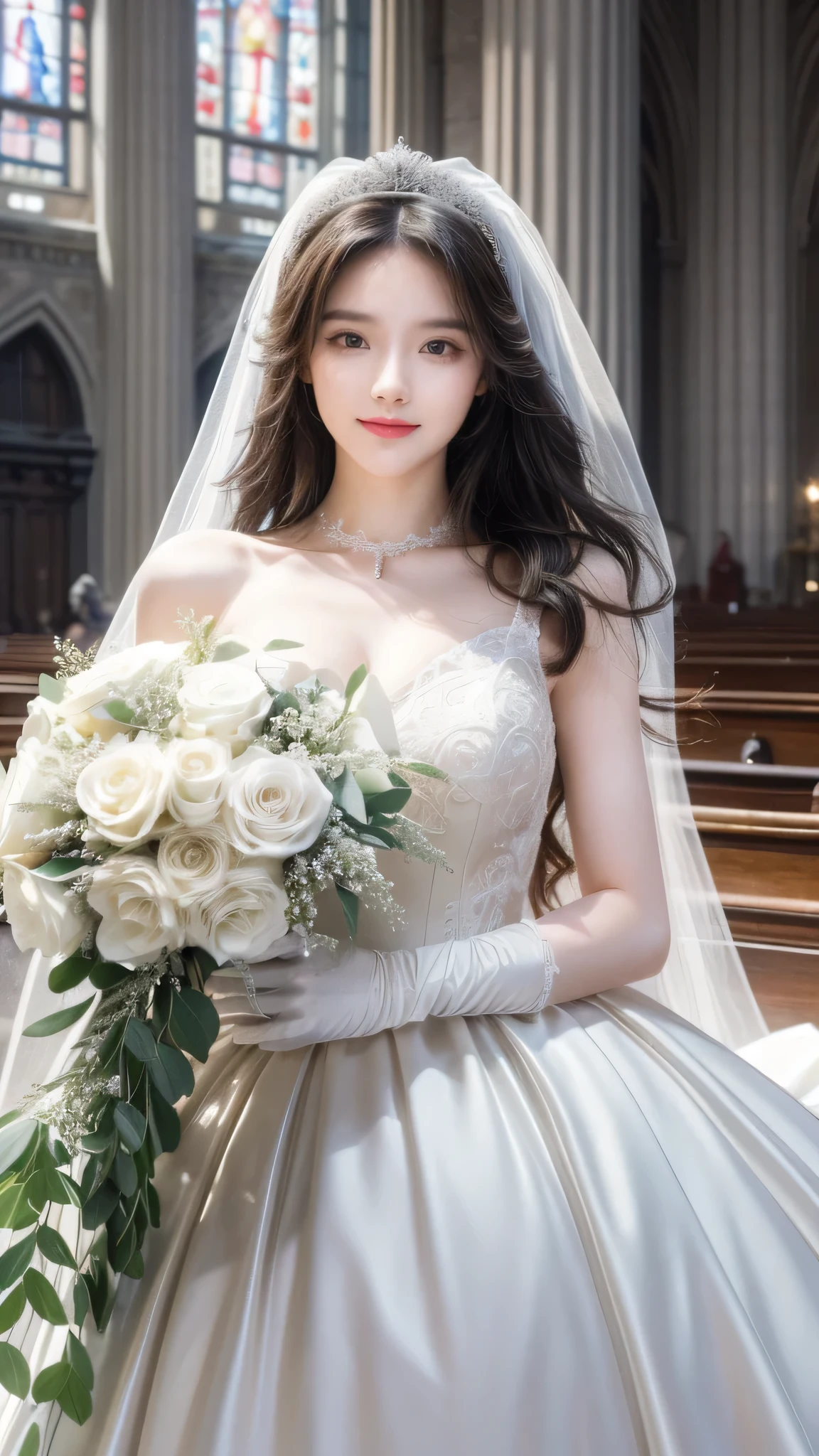 (best quality, masterpiece:1.2), (Practical:1.3),, (ultra-Detailed background, Detailed background), Bokeh,, , Gorgeous ball gown, Luxurious Ball Gown, Wedding dress, Wedding Veil, Bridal Gloves, Bridal Cascading Bouquet,, Upper Body,, Church Wedding,, , 1 Girl, Lovely, teenager, Strike a pose, Smile,, Dynamic Angle, Dynamic poses,, , Very long hair