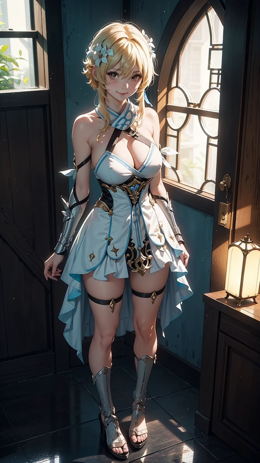 (Luminedef),alone, masterpiece,huge breast, looking at viewer, detail eyes, (detail face:1.2), standing, (front view), (half body shot:1.5), looking at viewer, (cleavage), smile, perfect breast,