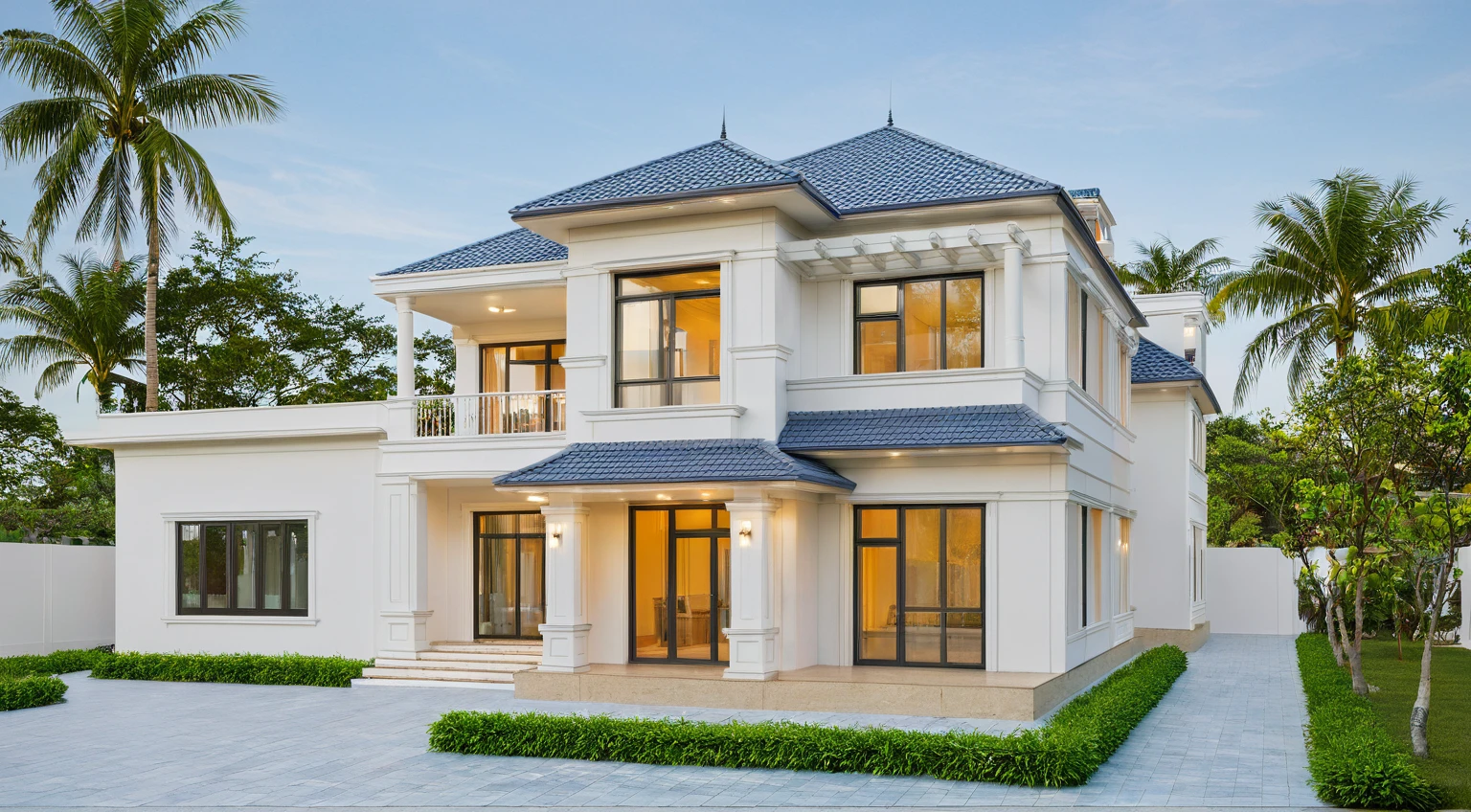 Photo brute,head of&#39;artwork, High quality, best quality, authentique, great detail,
Outside, En plein air, house, Nhamainhat, aiaigroup sur le jardin tropical, Ligne minimaliste,villa de plain-pied, style moderne, gray tile roof brick yard,grass,tropical trees, sky, (jour:1.1),Arrière-plan du jardin tropical
