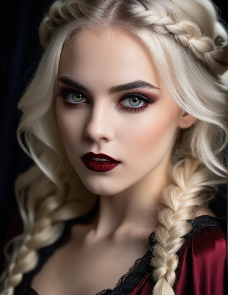 very attractive 25 year old girl with long platinum blonde hair, The Olympus OM-D E-M10 Mark IV camera, paired with the M Zuiko f/2.8 40-150mm PRO lens, perfectly captures the alluring image of an 25-year-old vampire woman. With the aperture set at f/2.8, the focus remains sharp on her captivating features, particularly her mesmerizing eyes that draw the viewer in. The shutter speed of 1/250s freezes any subtle movements, ensuring a clear and detailed portrayal.
In this photo, the vampire woman's long platinum blonde hair is styled in a braid, adding a touch of elegance to her mysterious allure. Her immaculate appearance is enhanced by her perfectly sharp vampire fangs teeth, which lend her an air of both danger and seduction. With an intense gaze directed towards the viewer, she exudes confidence and intrigue. The ISO setting of 3200 allows for optimal exposure, capturing the subtle nuances of her complexion and the rich tones of her hair with remarkable clarity.
This photograph is a captivating depiction of a young vampire woman, with its focus on her striking features, alluring presence, and the perfect balance of beauty and danger.