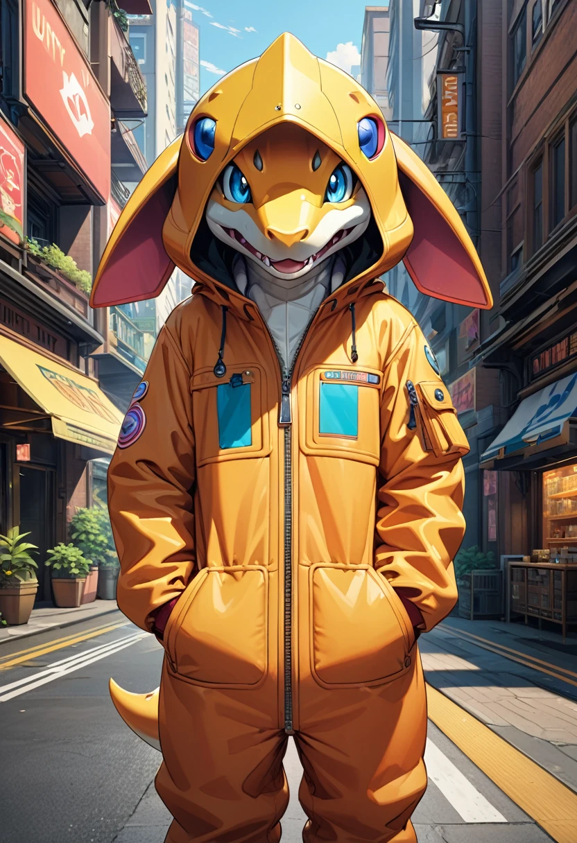 ((Masterpiece)),(((Best Quality))),((Extremely detailed unity CG wallpapers)),1 pink small dinosaur (Digimon Agumon),solo, looking at viewer, long sleeves, hood, coat, no humans, animal, hood up, zipper, animal focus,standing,full shot,, outdoor, simple city background