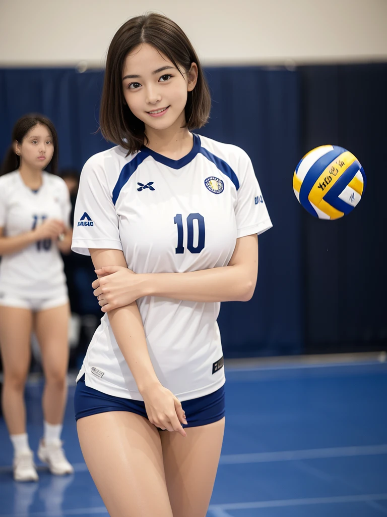 Glossy thighs、(8K、top-quality、masterpiece:1.2)、(realisitic、Photorealsitic:1.37)、ultra-detailliert、top-quality、超A high resolution、professionally lit、Photon mapping、Radio City、physically-based renderingt、Cinematic lighting、depth of fields,Focusing,Sun'rays,Good composition,,(((1 girl of 12 years))),Double eyes、(((white Volleyball uniform 、Dark blue high-leg low-rise bloomers)))、Gymnasium、A big smile、Gymnasium Court, (Tween model, 12 year old girl, young)), Ethereal beautiful, slim, very beautiful short hair,Colossal tits、 Toned abs, short cut hair、Soft light, ((David Hamilton Style)),