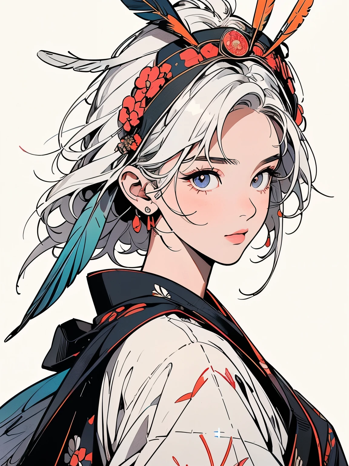 kimono, 完璧なkimono, 詳細なkimono, first-class, Super detailed, White background only, (((Super detailedな装飾))),One Woman, Perfect Face, Faint lighting, (((head shot))), Super detailedな髪、(((Sparkling Eyes))),mysterious, The wind is blowing, Apparition, Japanese style, Panorama, Long Shot,  (((Narrow-eyed beauty))),(((Indian-style feather headdress on head))),Upper Body,(((Complex eye pattern)))、(((He wears an intricate bird-head mask on his head.)))、A beautiful woman、Detailed face、Best quality face、Large feather ornament、(((White Hair)))、short hair、Glasses