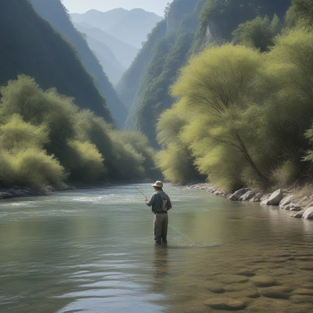 Key words :Fly Fishing。Beauty，Fly Fishing，sunny，Picturesque scenery，Fishing line clear，The movements are graceful