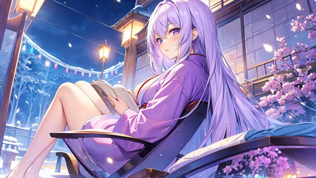 woman　clear　Light purple hair　　kimono　　Anime Style　reading　literature　Snowy Night
