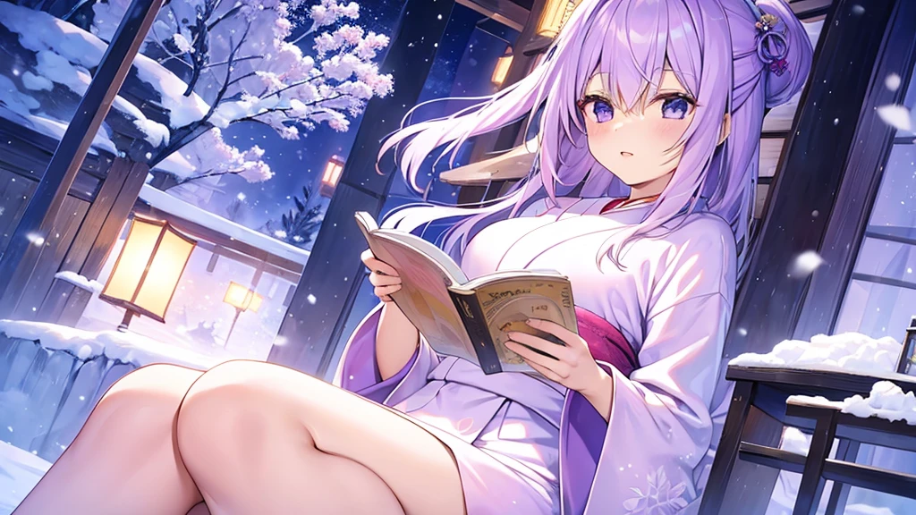 woman clear Light purple hair kimono Anime Style reading literature Snowy Night