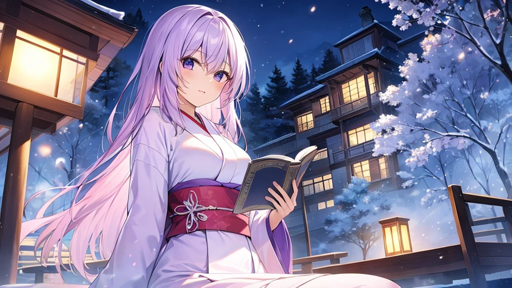 woman　clear　Light purple hair　　kimono　　Anime Style　reading　literature　Snowy Night
