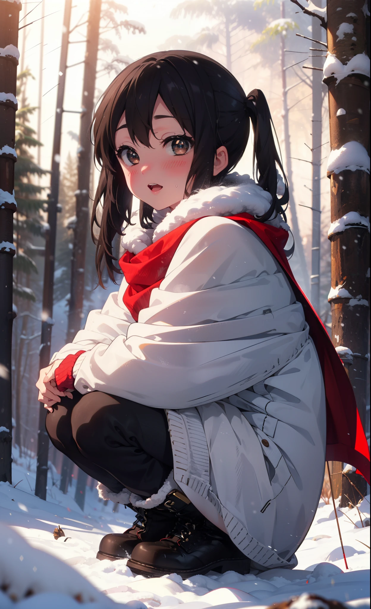 teeth, Azusa Nakano, Black Hair, (Brown eyes:1.5), Long Hair, ,Twin tails,smile,smile,blush,White Breath,
Open your mouth,snow,Ground bonfire,, Outdoor, boots, snowing, From the side, wood, suitcase, Cape, Blurred, , forest, White handbag, nature, Squat, Mouth closed, Cape, winter, Written boundary depth, Black shoes, red Cape break looking at viewer, Upper Body, whole body, break Outdoor, forest, nature, break (masterpiece:1.2), Highest quality, High resolution, unity 8k wallpaper, (shape:0.8), (Beautiful and beautiful eyes:1.6), Highly detailed face, Perfect lighting, Highly detailed CG, (Perfect hands, Perfect Anatomy),