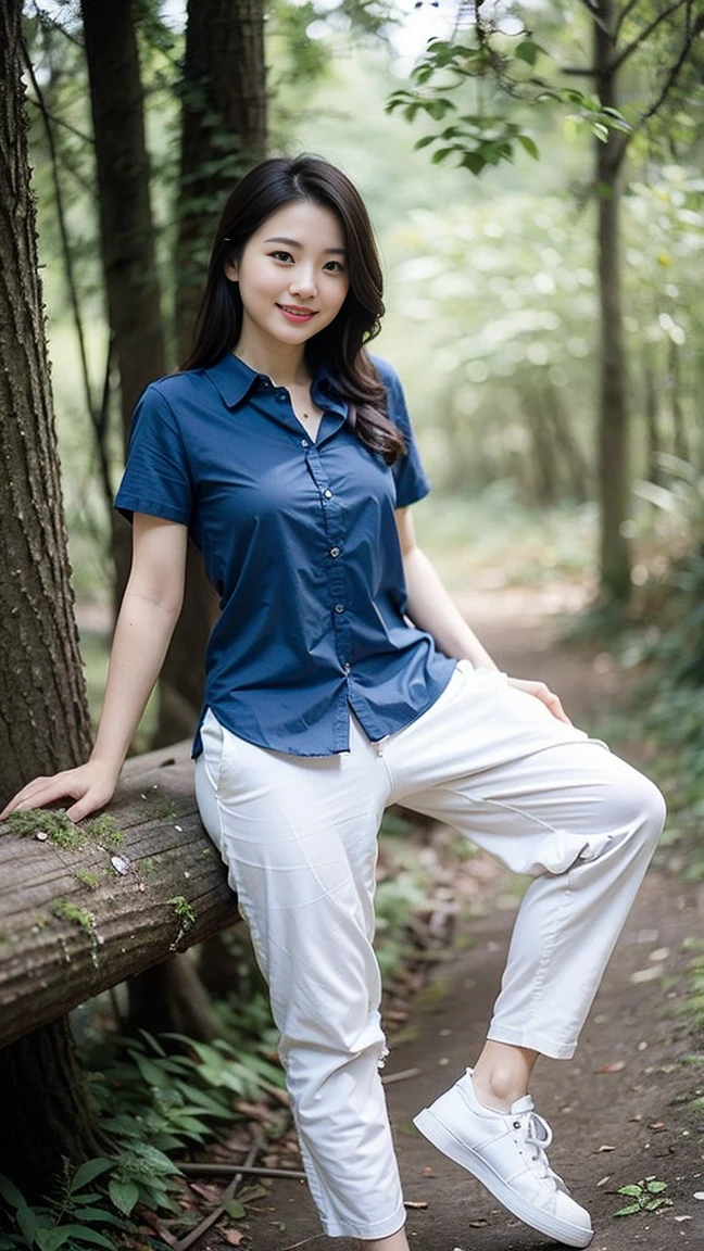 masterpiece, best quality, Surreal, Ultra Detailed, 8k resolution, RAW photos, Clear focus, (A girl in the forest), ((navy blue shirt:1.1)), Short sleeve, Long sweatpants,Full body posture, Solitary, Perfect body, Become a, 32 inches in the chest,(a charming smile:1), (sexy pose),26 years old, light,White shoes