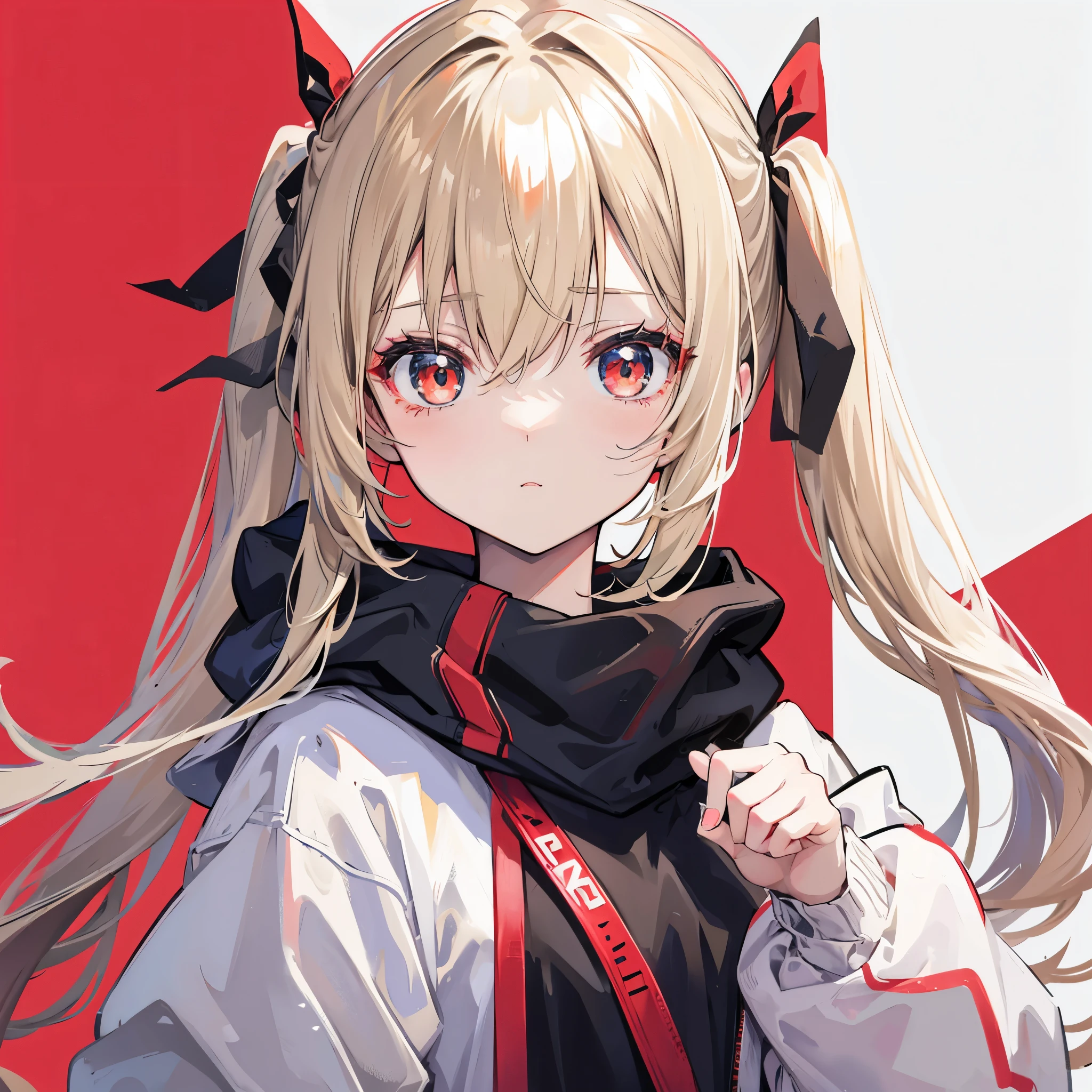 One girl in anime、Beige hair、Eye color red、Twin tails、Simple hair ribbon、Black large hoodie、Background white、Simple background、