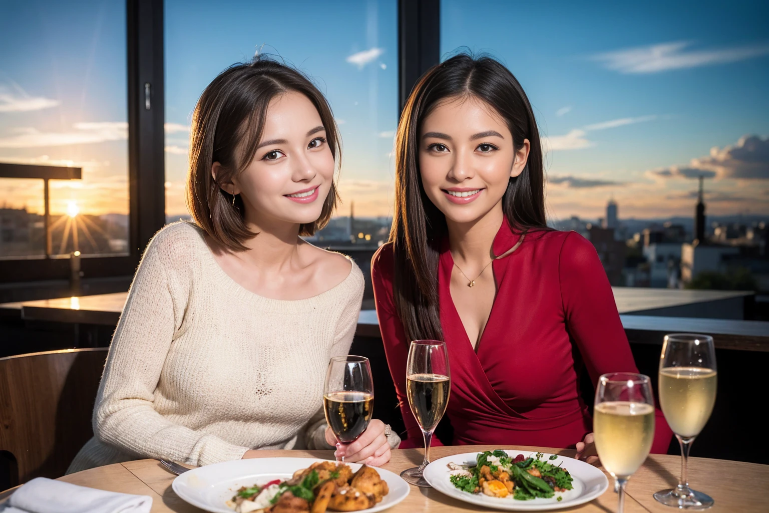 ((Highest quality、8K、masterpiece:1.3))、1 male、1 female、Slim Beauty、Beautiful couple、smile、full-course dinner、 (Slim face), (the body is スリム), (Brown Hair), (Shortcuts), ((Bob Hale、Straight hair:1.2)), テーブルの上のwine glass、Put the light on your face、 Amazing view of the sunset sky and clouds、smileの美しさ、Bright image、Blushing, Shortcuts, (Age 35), 39 years old, Appetizers、Italian food、Wine bottle、Champagne、sparkling wine、Long sleeve shirt、Pink Dress、Attractive beauty、restaurant, Nova Frog Style, actress, model, Upper Body, White wine, red wine, wine glass,