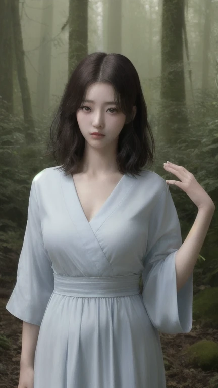 (masterpiece,High resolution,high quality,16K),(Beautiful and realistic Japan people、Beautiful girl in a dress standing in a dark forest), Magnificent style, Octane Rendering, Spooky Forest, Beautiful Face, Surreal, Son of God:1.3, Glamorous Body:1.4、realism, masterpiece, The best of art., Clear Eyes,Short Bob、Perfect Anatomy、Beautiful body、Beautiful Skin、double eyelid、Proof of Life、Rain、Human Proof、Proof of Wildness、severity、