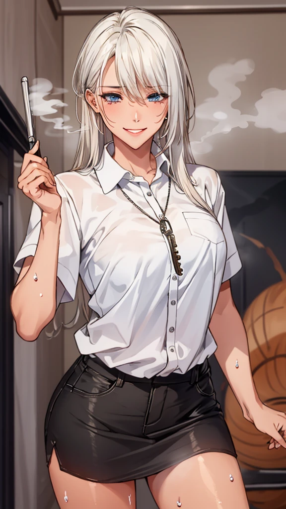 masterpiece, Superior Quality, High resolution, masterpiece, One adult woman, Wicked Smile, Wicked Smile, Evil plan, Brown fur, Black and white outfit , Long Hair, Get the Eyes, mini skirt, Rooms in the house, Holding the key in hand、(((steam,sweat))),Vulgarity、White hair、Dark tanned skin:1.3, Narrow, sharp eyes、Sparkling blue eyes、