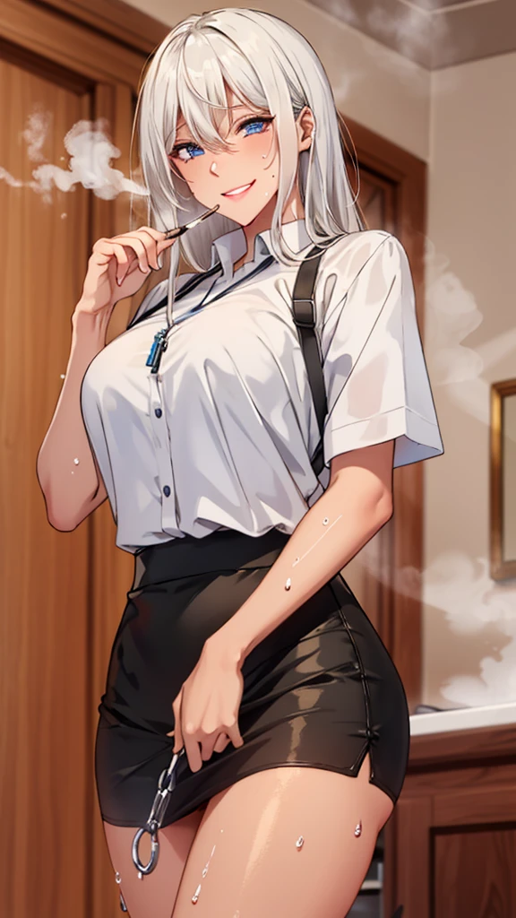 masterpiece, Superior Quality, High resolution, masterpiece, One adult woman, Wicked Smile, Wicked Smile, Evil plan, Brown fur, Black and white outfit , Long Hair, Get the Eyes, mini skirt, Rooms in the house, Holding the key in hand、(((steam,sweat))),Vulgarity、White hair、Dark tanned skin:1.3, Narrow, sharp eyes、Sparkling blue eyes、