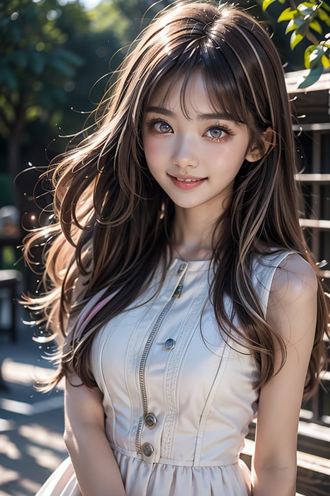 Highest quality, 8K, smile, Light pink hair, Pink Eyes, Pink and white, Cherry leaves, Vibrant colors, White Dress, Paint splashes, Simple Background, Ray Tracing, Wavy Hair