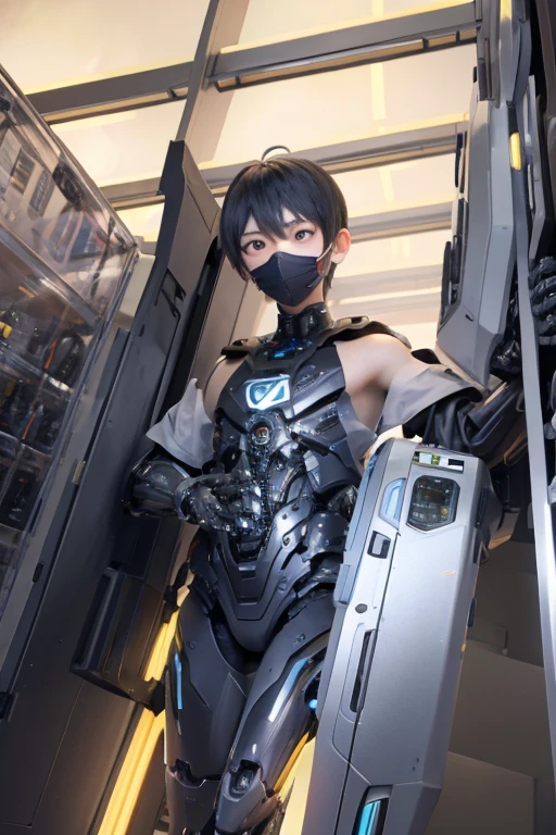 1 young man、Captured by the machine、Outstretched Handen have black hair、The machine is gray、Wearing a machine mask、Anime Style、Lots of machines