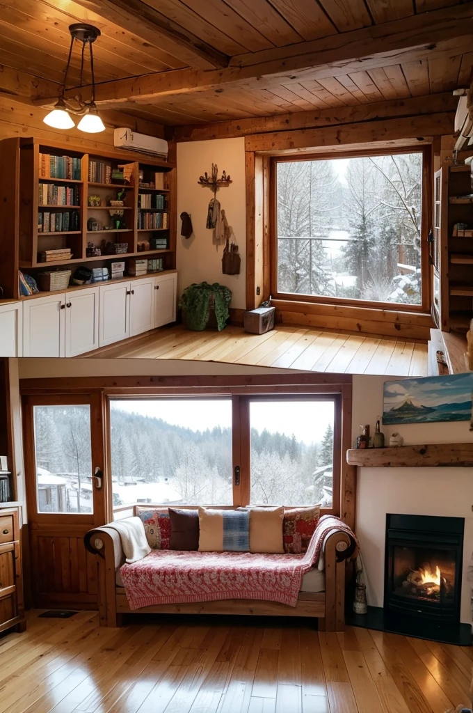 Scene description text The interior of the cabin is uniquely decorated，Various creative paintings are hung on the wall，Bookshelves filled with books and handicrafts。A comfortable sofa covered with a soft blanket，Next to it is a cozy fireplace，The flames jump gently，Gives off a warm glow。Outside the window，Heavy snow，But the house is warm as spring，Full of home warmth。