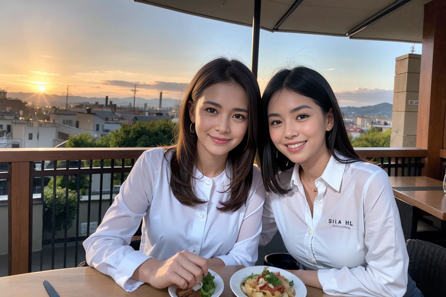 ((Highest quality、8K、、masterpiece:1.3))、1 male、1 female、spouse、Beautiful couple、smile、full-course dinner、 (Slim face), (the body is スリム), (Brown Hair), (Shortcuts), ((Bob Hale、Straight hair:1.2)), テーブルの上のwine glass、Shine light on your face、 Amazing view of the sunset sky and clouds、smileの美しさ、Bright image、Blushing, Shortcuts, (43 years old), 39 years old, Appetizers、Italian food、Wine bottle、Champagne、sparkling wine、Long sleeve shirt、dress、Attractive beauty、restaurant, Nova Frog Style, actress, model, Upper Body, White wine, red wine, wine glass,
