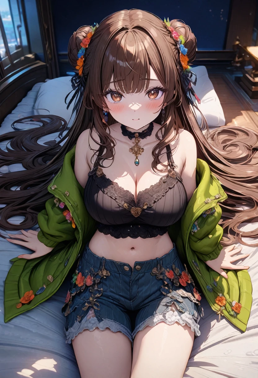 ((masterpiece), best quality, very aesthetic, newest, absurdres, detailed, high quality)
BREAK
highest quality, top quality, details, highres, ultra fine painting, digital art, official art, cinematic, 4k, 8k resolution, 8K CG wallpaper, CG, original artwork, detailed background, colorful background, blue atmosphere, High Dynamic Range, blurry background, blue hour, Starburst effects, crepuscular rays, good ISO, high resolution, wide shot, from far away, RAW photo, POV, sharp focus, light reflection, reflections, intricate details, soft light, particle noise, professional photography, bokeh, depth of field, natural lighting, vibrant colors, looking away, detailed lights and shadows, stylish, ultra-detailed, top rated on Pixiv, trending on Artstation, niji style, modern-days, master crafted, pose
BREAK
solo, close up shot, from above, 1girl, pale skin, correct fingers, detailed hand, (big breasts:1.2), big thighs, small torso, short body, flushtered, blush, anxious expression, embarassed, embarassed act, casual, slim, ((cute, childlike face):1.3), nice hips, nice body, brown hair, (very long flowing hair), (big 2 buns hairstyle)), long bangs, long hair, middle hair bangs, brown eyes
BREAK
(black string tank top, choker, off shoulder open green hoodie, (tummy skin), open unbuttoned shorts, many colors outfit ornaments)
BREAK
bed with a white sheet, pixiv, conceptual art, messy bed, dirty bed, anime background art, relaxing concept art, lying at the bed, beautiful anime scene, beautiful anime artwork, bed, anime background, laying on a bed, soft anime illustration