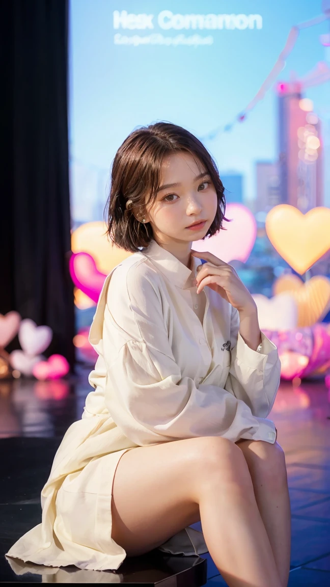 masterpiece, best quality, extremely detailed, hyperrealistic, photorealistic, a shot from head to knee, a pretty korean girl, ultra detailed face, black hair, many hearts in the air:1.2