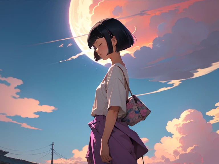 illustration style, 1girl, thinking, closed eyes, small eyes, bob-cut hair, Her hair being blown by the wind. ukiyoe, from very side view, lighting side, Showa anime, half body shot, soft pink and purple cumulonimbus Behind, pink and blue, pastel colors, half pants, realistic:0.3,