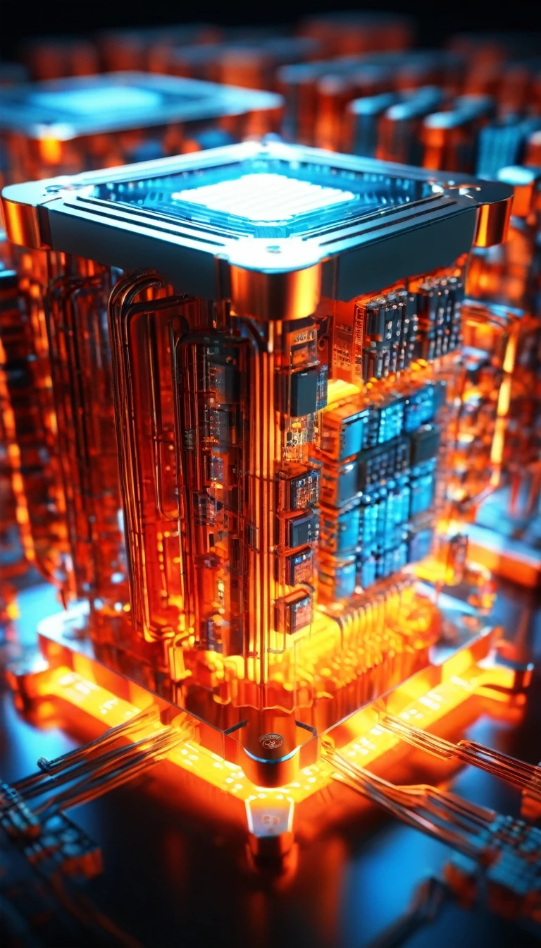 Orange,Chipset,Product Close-up,Close-up of the Photogram,Rendering,C4D,AI intelligence,Binary data stream,3d多重architecture,ultra-high definition texture details,integrated circuit,cpu,network,Data Stream Channel,Special effect,(The emitted light converges in the middle:1.5),container_architecture