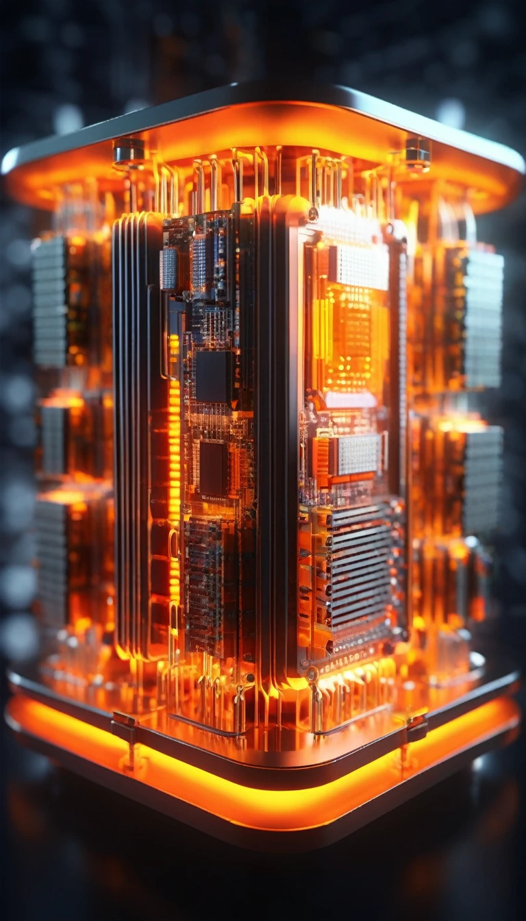 Orange,Chipset,Product Close-up,Close-up of the Photogram,Rendering,C4D,AI intelligence,Binary data stream,3d多重architecture,ultra-high definition texture details,integrated circuit,cpu,network,Data Stream Channel,Special effect,(The emitted light converges in the middle:1.5),container_architecture