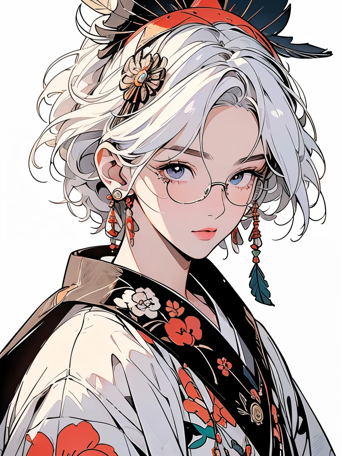 kimono, 完璧なkimono, 詳細なkimono, first-class, Super detailed, White background only, (((Super detailedな装飾))),One Woman, Perfect Face, Faint lighting, (((head shot))), Super detailedな髪、(((Sparkling Eyes))),mysterious, The wind is blowing, Apparition, Japanese style, Panorama, Long Shot, (((Narrow-eyed beauty))),(((Indian-style feather headdress on head))),Upper Body,(((Complex eye pattern)))、(((He wears an intricate bird-head mask on his head.)))、A beautiful woman、Detailed face、Best quality face、Large feather ornament、(((White Hair)))、short hair、Glasses