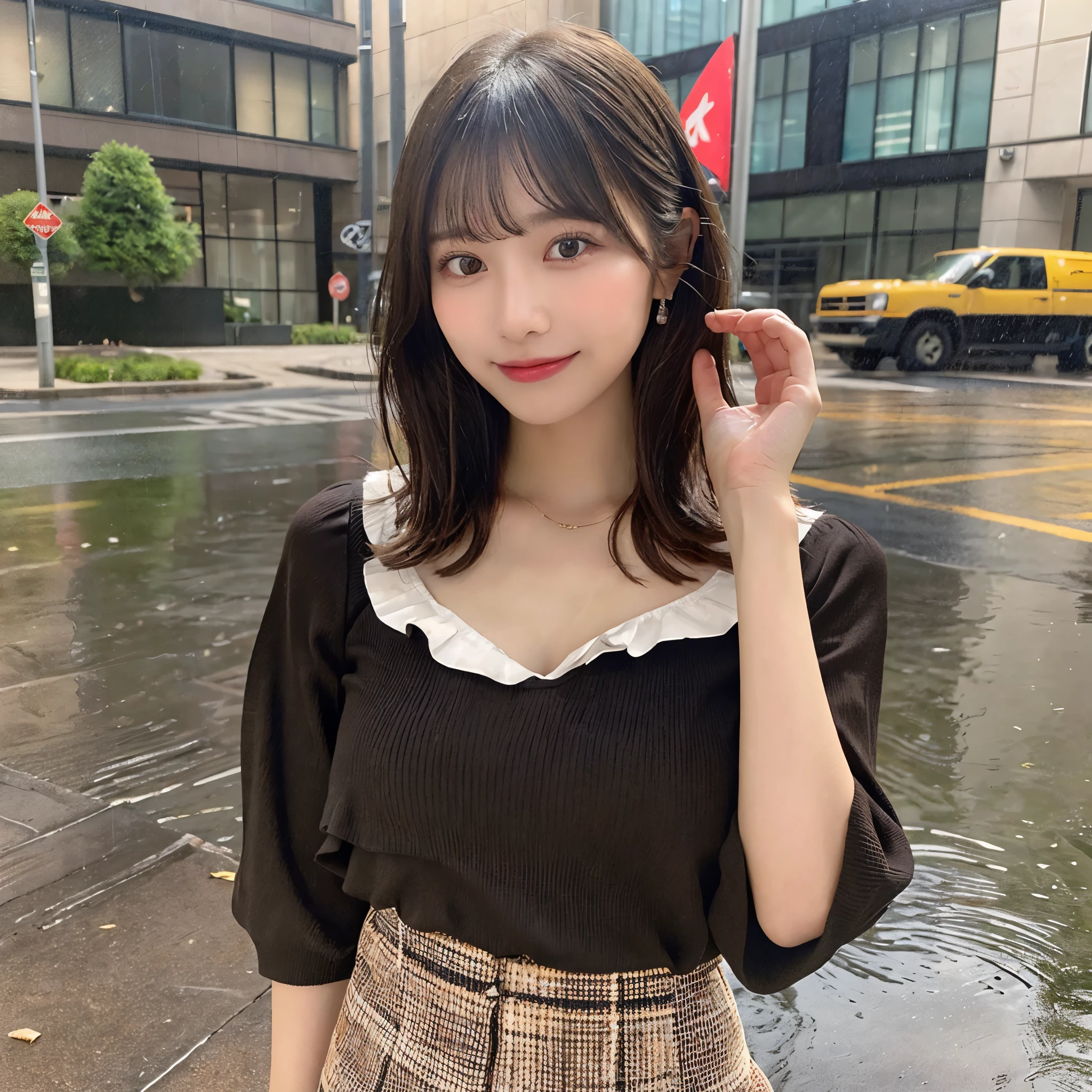 ((Highest quality, 8K, masterpiece:1.3)), concentrated: 1.2, Perfect Body Beauty: 1.4, Hips: 1.2, ((Layered Haircut, Slightly large breasts: 1.2)), (Wet clothes: 1.1), (rain, street:1.3), Bandeau dress: 1.1, Highly detailed face and skin texture, Beautiful Eyes, double eyelid, Whitening skin, (((Brown long hair、bangs))), smile,Wearing a micro mini skirt,