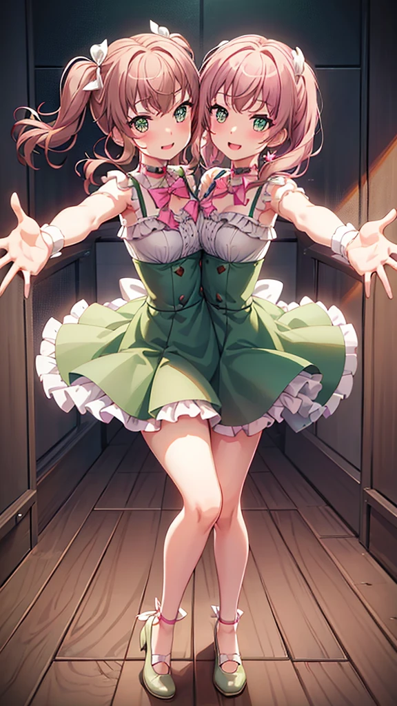 masterpiece, best quality, highres, (Conjoined_dicephalus), (2 heads:1.2), two heads, (1 body:1.5), 2 girl, solo, 2 legs, 2 arms, conjoined twins, solo, huhehe, green eyes, brown hair, short hair, dress, frills, microphone, green_bow, green_choker, holding, holding_microphone, green_bowtie, white_ribbon, bare_shoulders, frilled_dress, wrist_bow, collarbone, green_dress, upper_body, frilled_sleeves, strapless_dress, maruyama_aya_bangdream, pink_hair, bangs, pink_eyes, blush, smile, open_mouth, bow, ribbon, twintails, sidelocks, long_hair, hair_ribbon, hair_bow, choker, dress, frills, microphone, pink_bow, pink_choker, holding, holding_microphone, pink_bowtie, white_ribbon, bare_shoulders, frilled_dress, wrist_bow, collarbone, pink_dress, upper_body, frilled_sleeves, strapless_dress, happy, cowbow shot, outdoors, forest