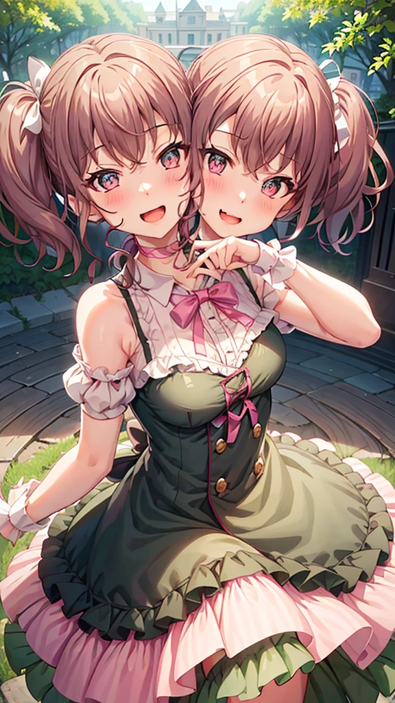 masterpiece, best quality, highres, (Conjoined_dicephalus), (2 heads:1.2), two heads, (1 body:1.5), 2 girl, solo, 2 legs, 2 arms, conjoined twins, solo, huhehe, green eyes, brown hair, short hair, dress, frills, microphone, green_bow, green_choker, holding, holding_microphone, green_bowtie, white_ribbon, bare_shoulders, frilled_dress, wrist_bow, collarbone, green_dress, upper_body, frilled_sleeves, strapless_dress, maruyama_aya_bangdream, pink_hair, bangs, pink_eyes, blush, smile, open_mouth, bow, ribbon, twintails, sidelocks, long_hair, hair_ribbon, hair_bow, choker, dress, frills, microphone, pink_bow, pink_choker, holding, holding_microphone, pink_bowtie, white_ribbon, bare_shoulders, frilled_dress, wrist_bow, collarbone, pink_dress, upper_body, frilled_sleeves, strapless_dress, happy, cowbow shot, outdoors, forest