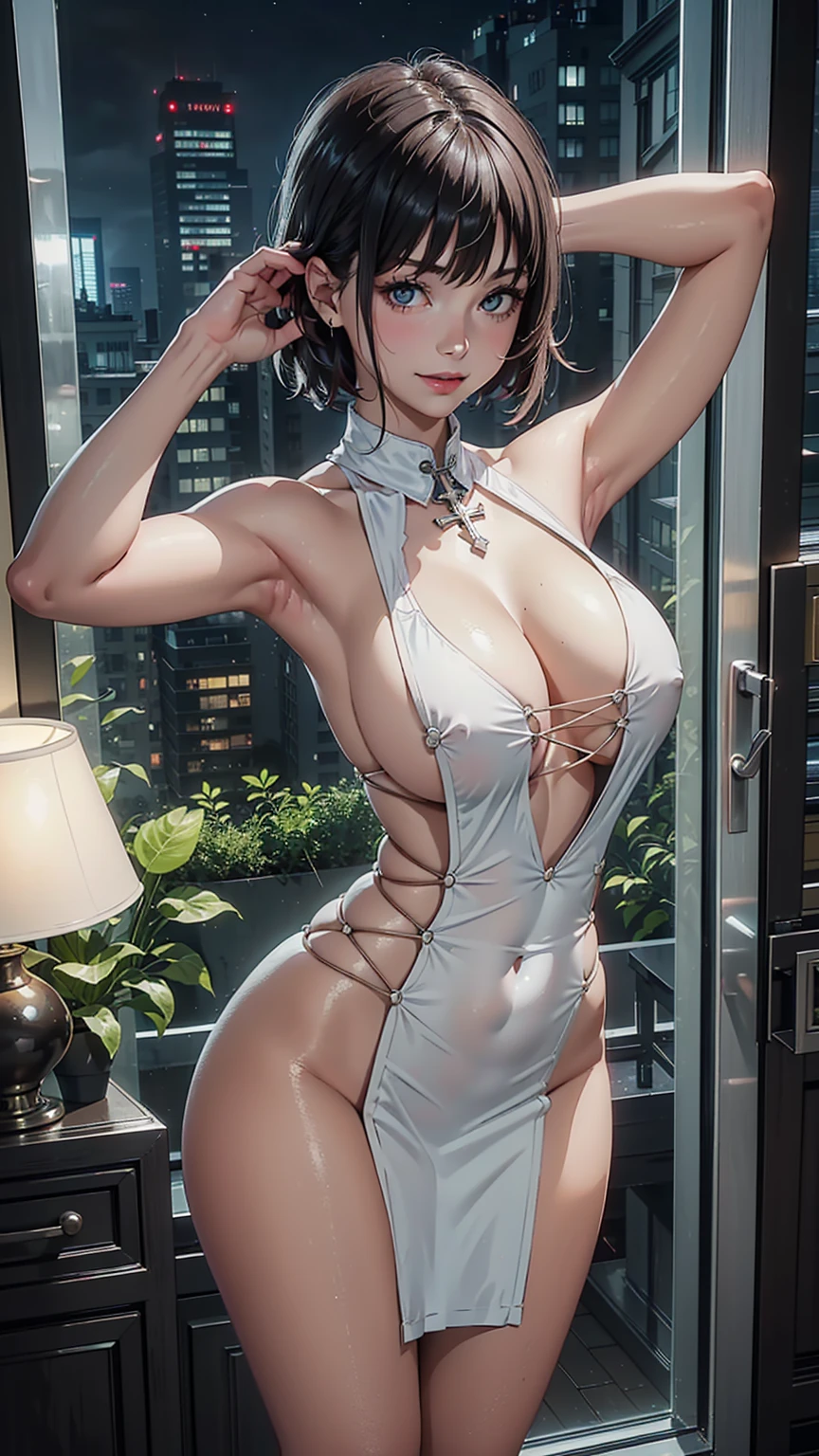 (Adult woman), face,alone, masterpiece,huge breast, looking at viewer, detail eyes, (detail face:1.2), standing,  (front view), (Sideless Cross-Laced China Dress), (half body shot:1.5), looking at viewer, (cleavage), white dress, smile, perfect breast, (armpits poses:1.2), indoors, night