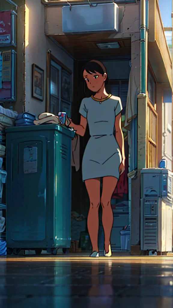A girl,Holding a white short-sleeved dress ,washing machine,Clothes hanging to dry,balcony,Super Detail, High Detail