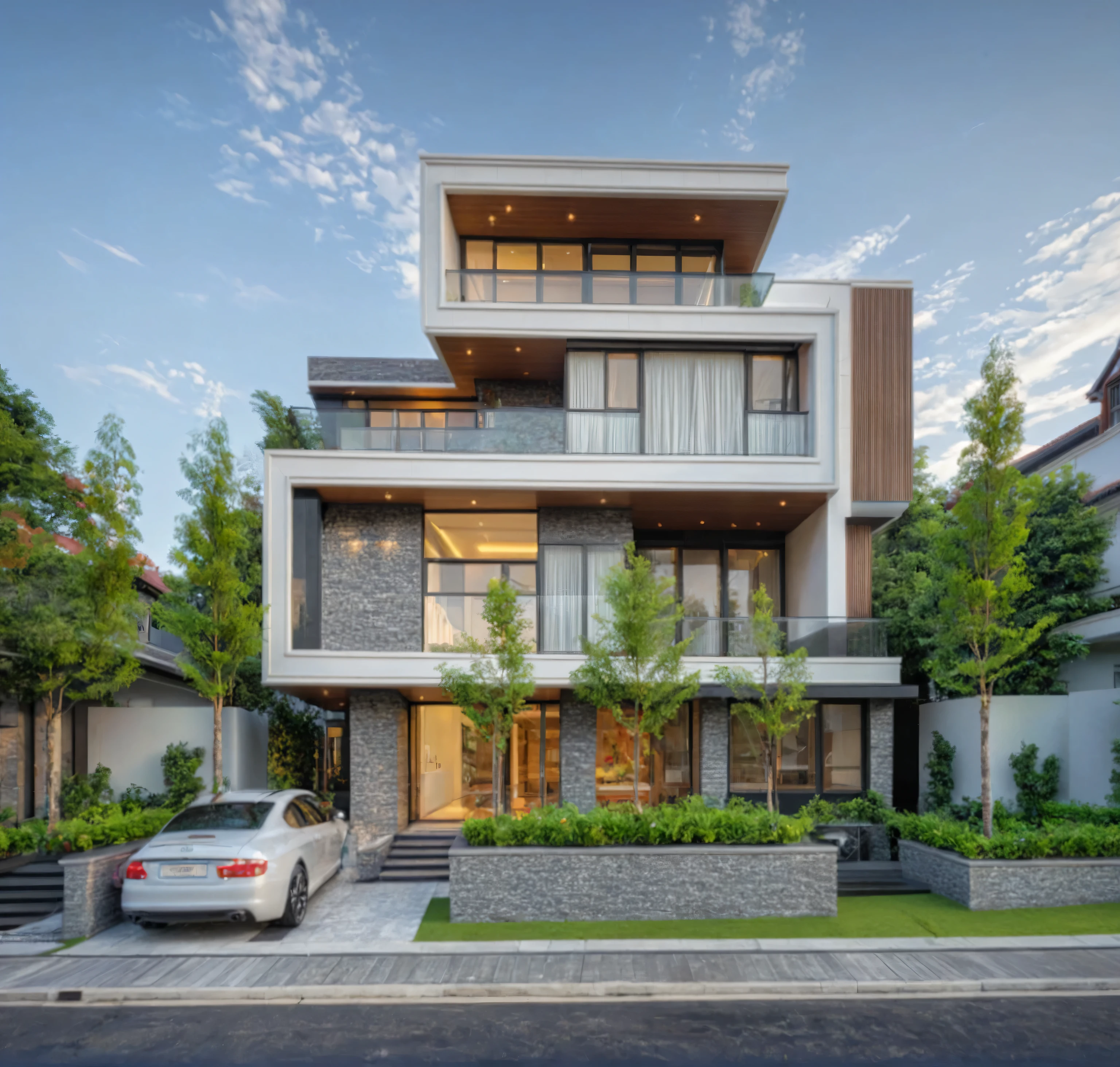 modern villa on street, (overcast lighting:1.2), tropical tree, vivid color, streetcapes, nice sky, grey and white tone, (large glass door:1.2), warm interior lighting, modern material, best quality, ultra realistic, masterpiece, 17ArchiAI_XL_VL-v1
