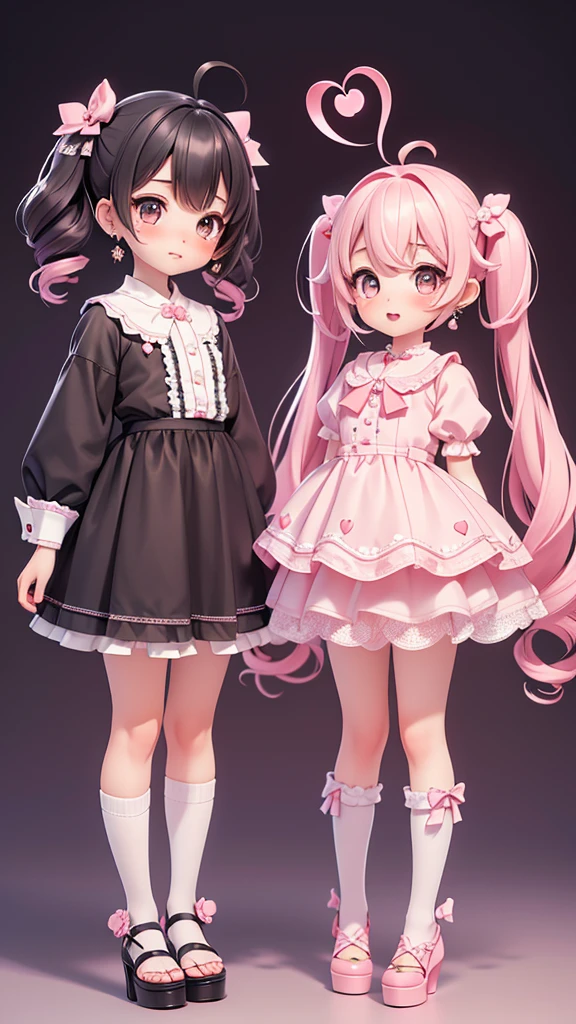 ((petite bishojo, 2girls)), ((kawaii face)), ((heart shaped eyes)), (masterpiece), (top quality), ((hyper detailed)), (exquisite), (beautiful and aesthetic), (super detailed skin), (high standard), (high resolution), (perfect anatomy), (full body), (nose blush), (short twintails), (ahoge), ((jirai kei)), (earring), (lipstick), (perfect hands)