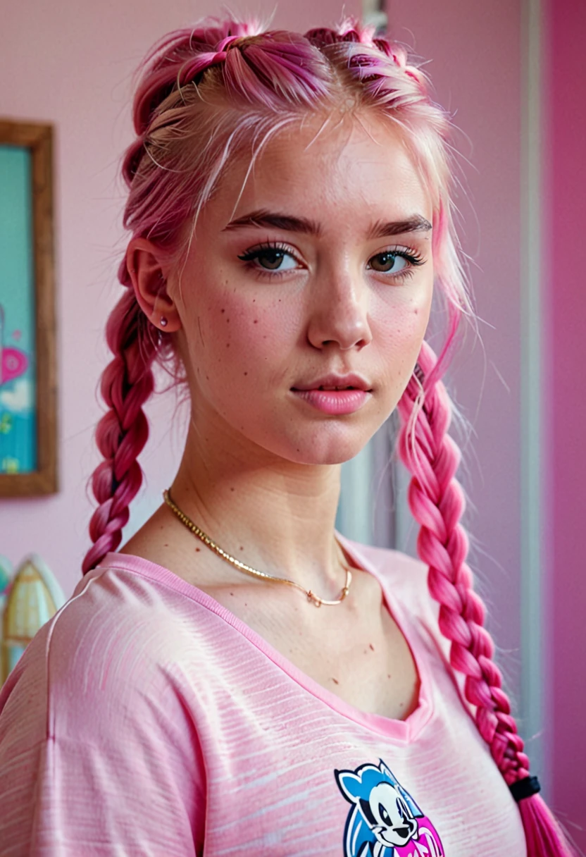 cute blonde 18 year old blonde girl with pink hair in her room, with her left eyebrow pierced innocent looking, pink hair, braided ponytail, blonde hair, depth of field, film grain, 135mm, UHD, 1080P, HD, 4K, 8k, highres, award winning, best quality, high quality, high details, textured skin, super detail, anatomically correct