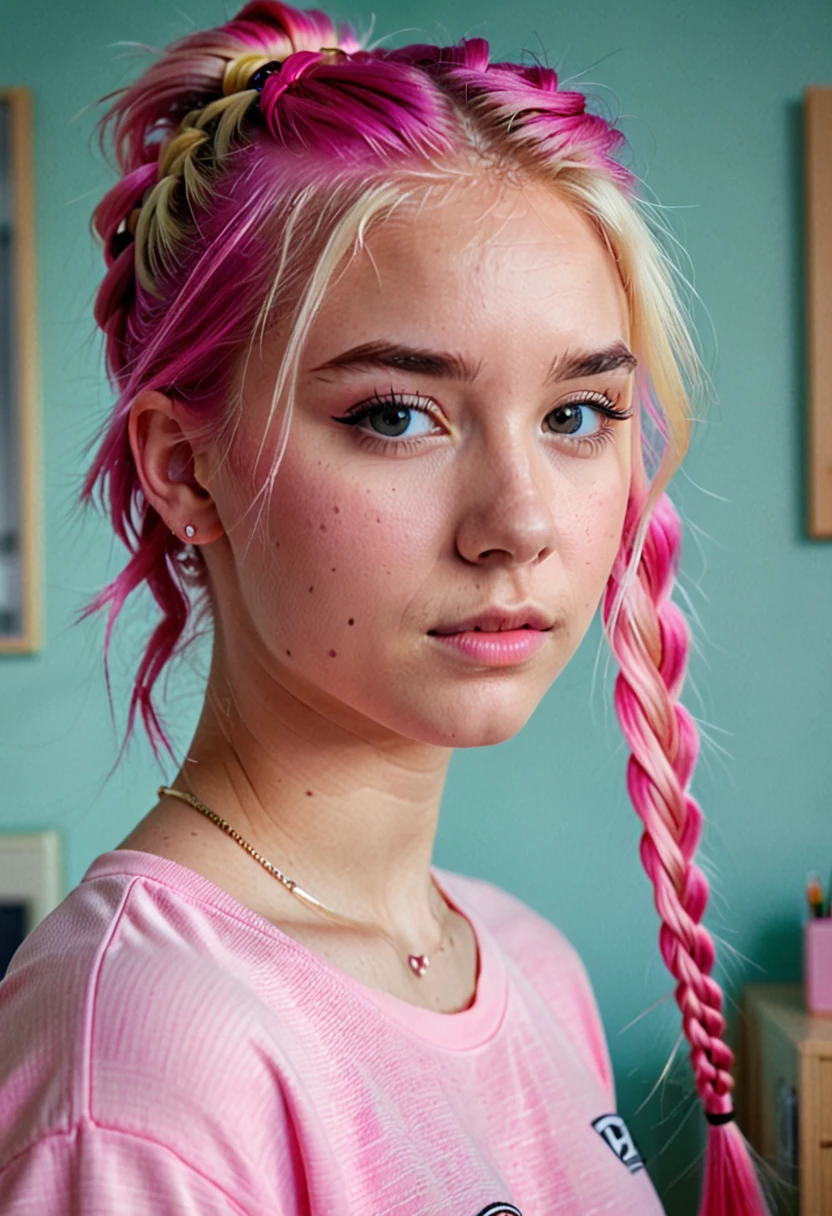 cute blonde 18 year old blonde girl with pink hair in her room, with her left eyebrow pierced innocent looking, pink hair, braided ponytail, blonde hair, depth of field, film grain, 135mm, UHD, 1080P, HD, 4K, 8k, highres, award winning, best quality, high quality, high details, textured skin, super detail, anatomically correct