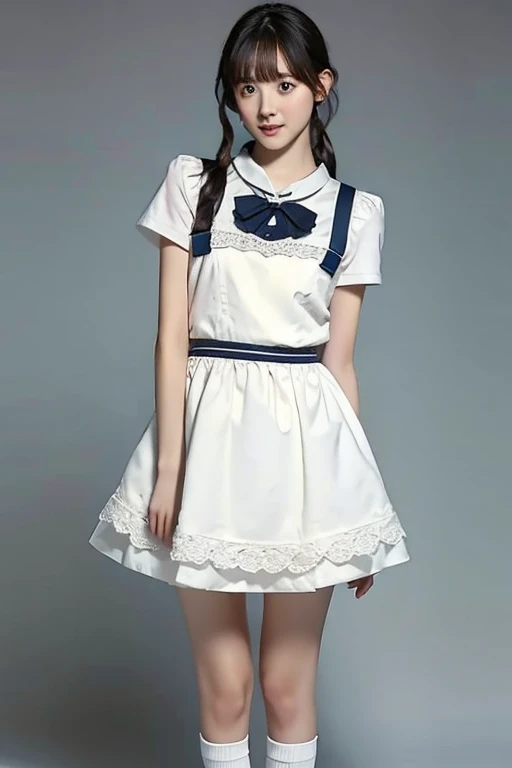 Highest quality、masterpiece、High sensitivity、High resolution、Detailed Description、Slender body、Slim Body、Frill apron、mini skirt、Knee-high socks、