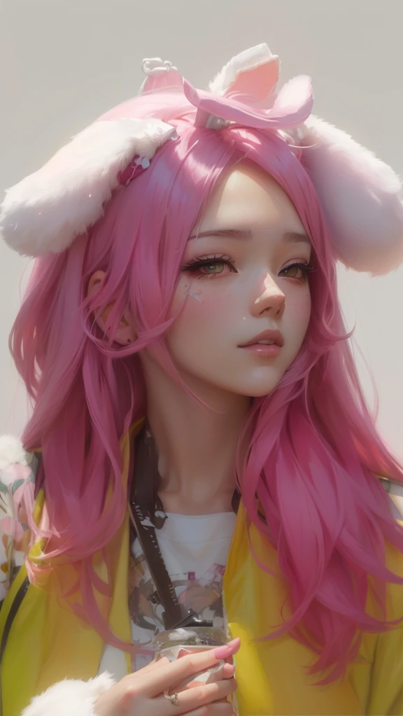 Girl dressed as arafly with pink hair and bunny ear., guweiz, artwork in the style of guweiz, realistic anime style on pixiv, inspired by Yanjun Cheng, Sweet ultra-realistic bunny, Kawaii realistic portrait, hyperrealistic anime, painted in anime painter's studio, Inspired by Russell Dongjun Lu, anime realism style with fluorescent green locks