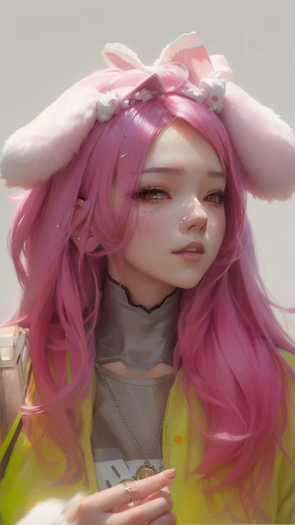 Girl dressed as arafly with pink hair and bunny ear., guweiz, artwork in the style of guweiz, realistic anime style on pixiv, inspired by Yanjun Cheng, Sweet ultra-realistic bunny, Kawaii realistic portrait, hyperrealistic anime, painted in anime painter&#39;s studio, Inspired by Russell Dongjun Lu, anime realism style with fluorescent green locks