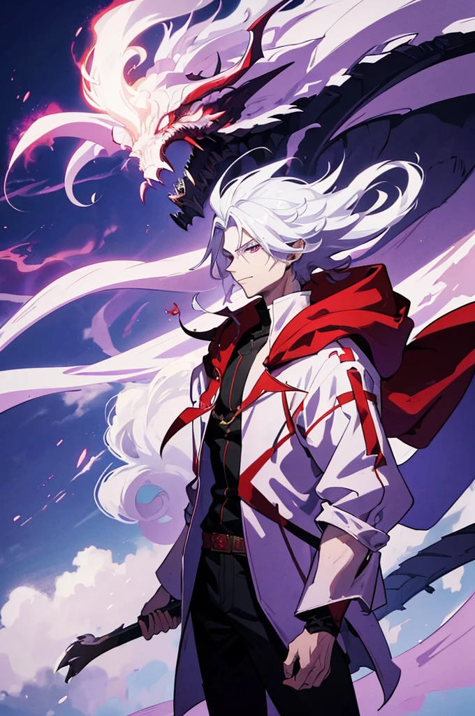25 years old anime man with white hair, Wearing a Red cloak, Standing in front of a dragon, With one hand in his pocket, And purple aura in a form of smoke emerging out of his body With a wicked Smirk on his face