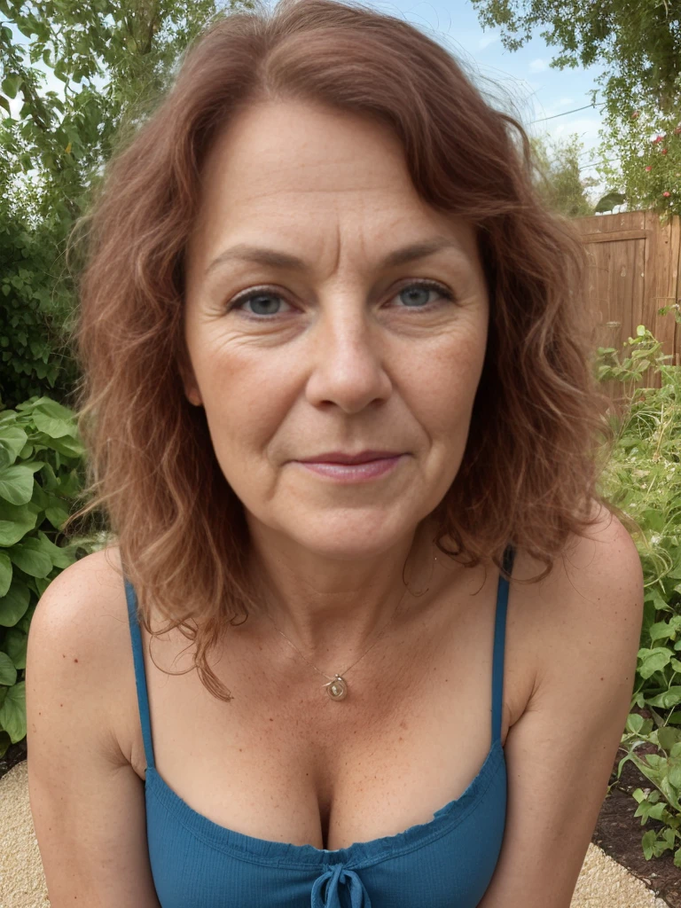 1girl, solo, realistic, anorexia, ((ugly:1.5)), German woman, ((mature)), ((old woman)), ((wrinkled body)), (65-years-old), (German woman features), curly red hair, (German blue-eyes), long curly hair, hair bobbles, light freckles on cheeks and nose, eye wrinkles, plump lips, (German old body), she is Amanda and she has fair skin, (upper body and upper legs), (background: backyard garden)
