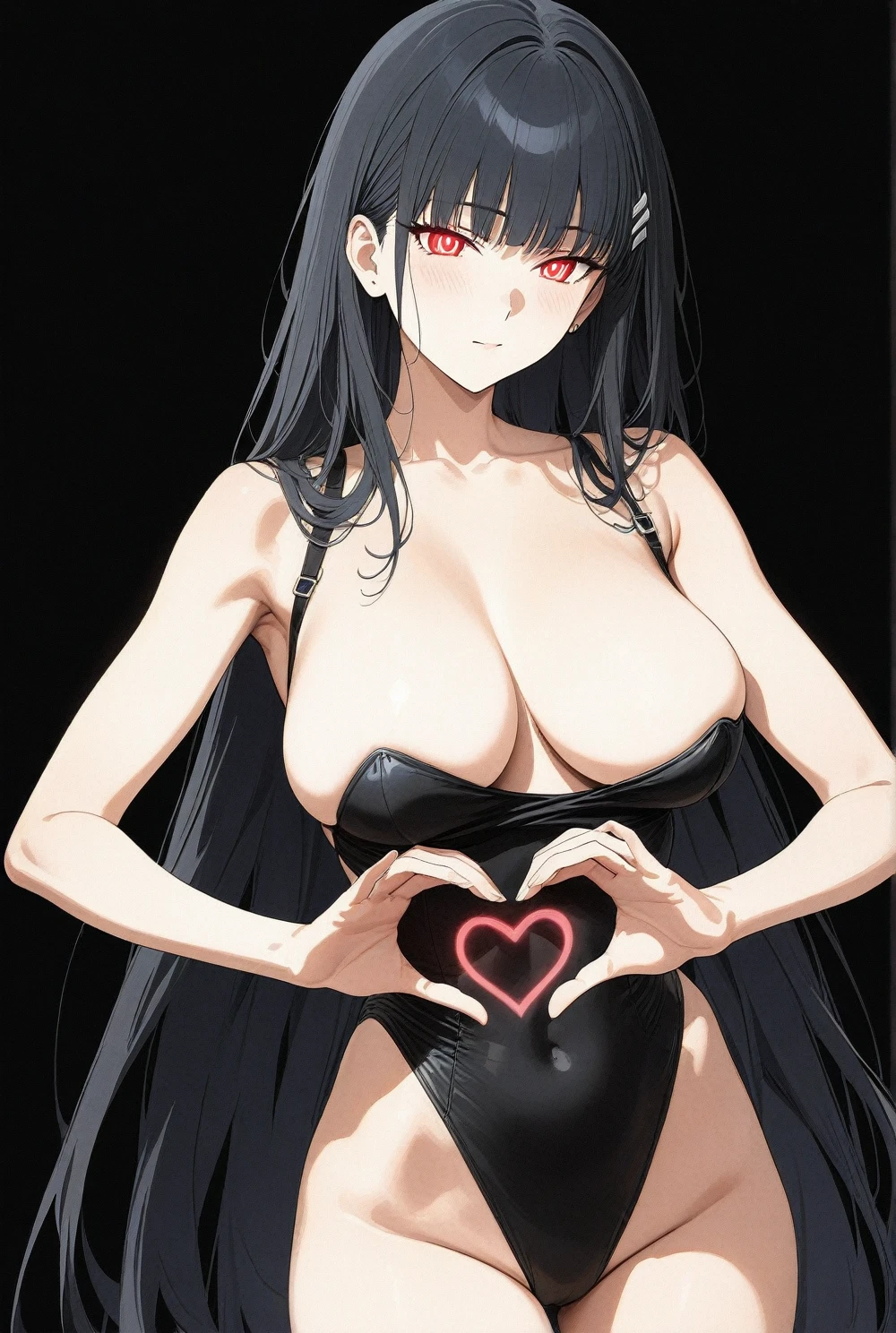 best quality, amazing quality, very aesthetic, absurdres, 1girl, rio (blue archive), blue archive, red eyes, black hair, strapless, (artist official art:1.5), (realistic face), (narrowed eyes), (cowboy shot), (concept art:1.5), , (thigh, heart hands, glowing eyes:1.4), expressive eyes, perfect face, 4k, extremely detailed anime illustration, extremely detailed eyes, enhanced details, perfect anatomy, light rays, photo background, extremely delicate body, smooth skin, feminine expression, (black background:1.5), cristal clear eyes, beautiful face, big bre