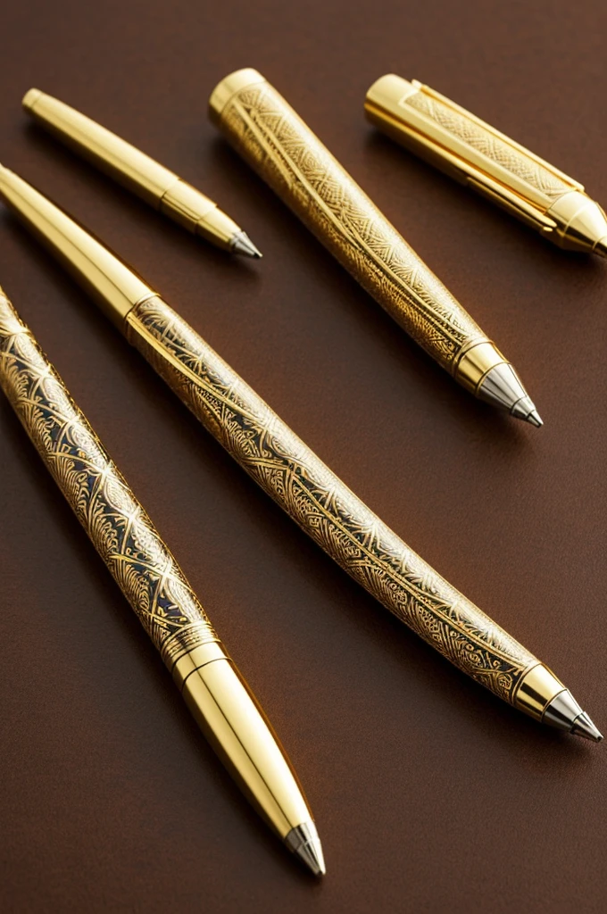 Create a normal picture of just a pen that is made of gold and has patterns, the pen looks medium sized