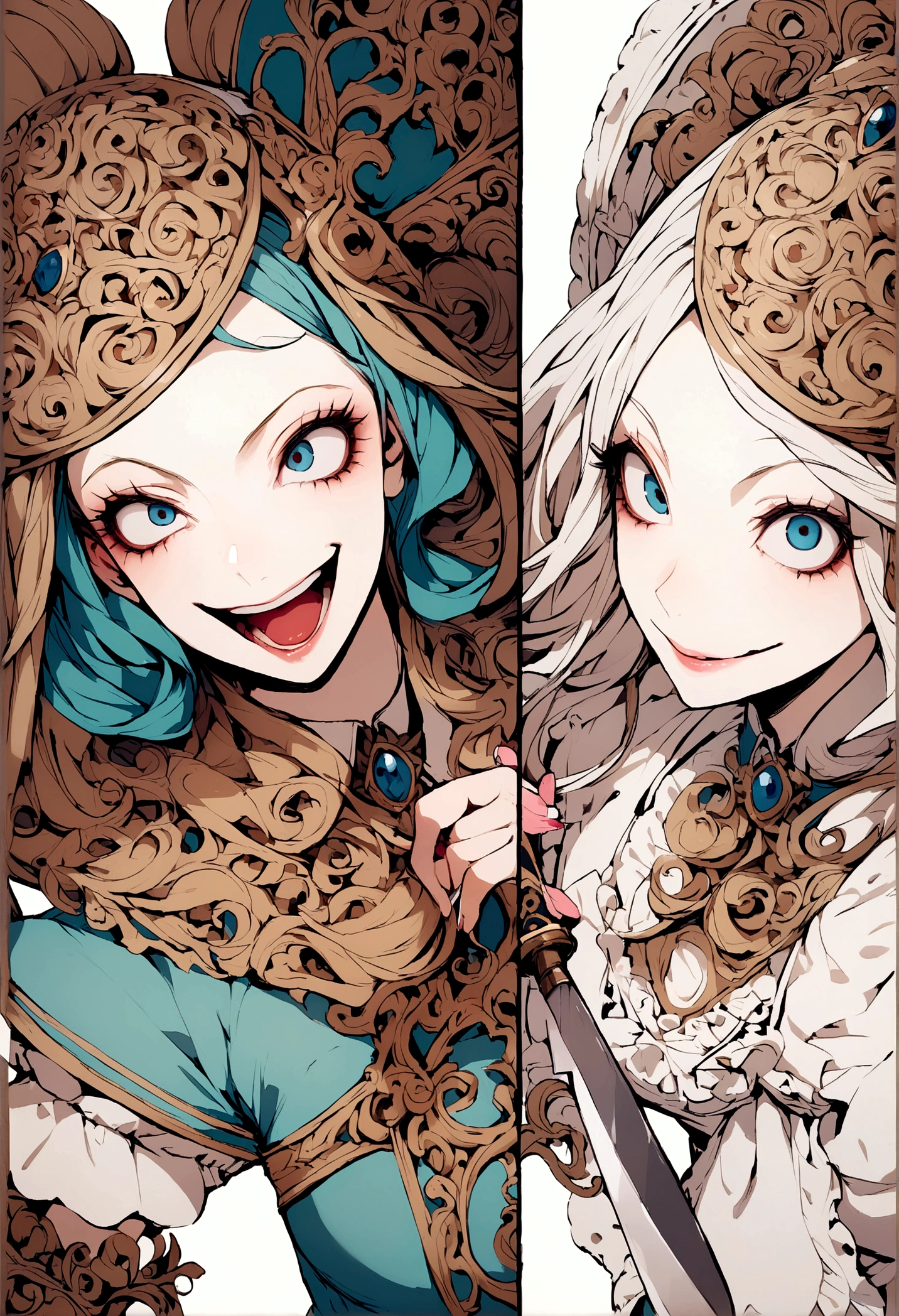 beautiful Alice in wonderland with knife, (crazy smile:0.8), coherent