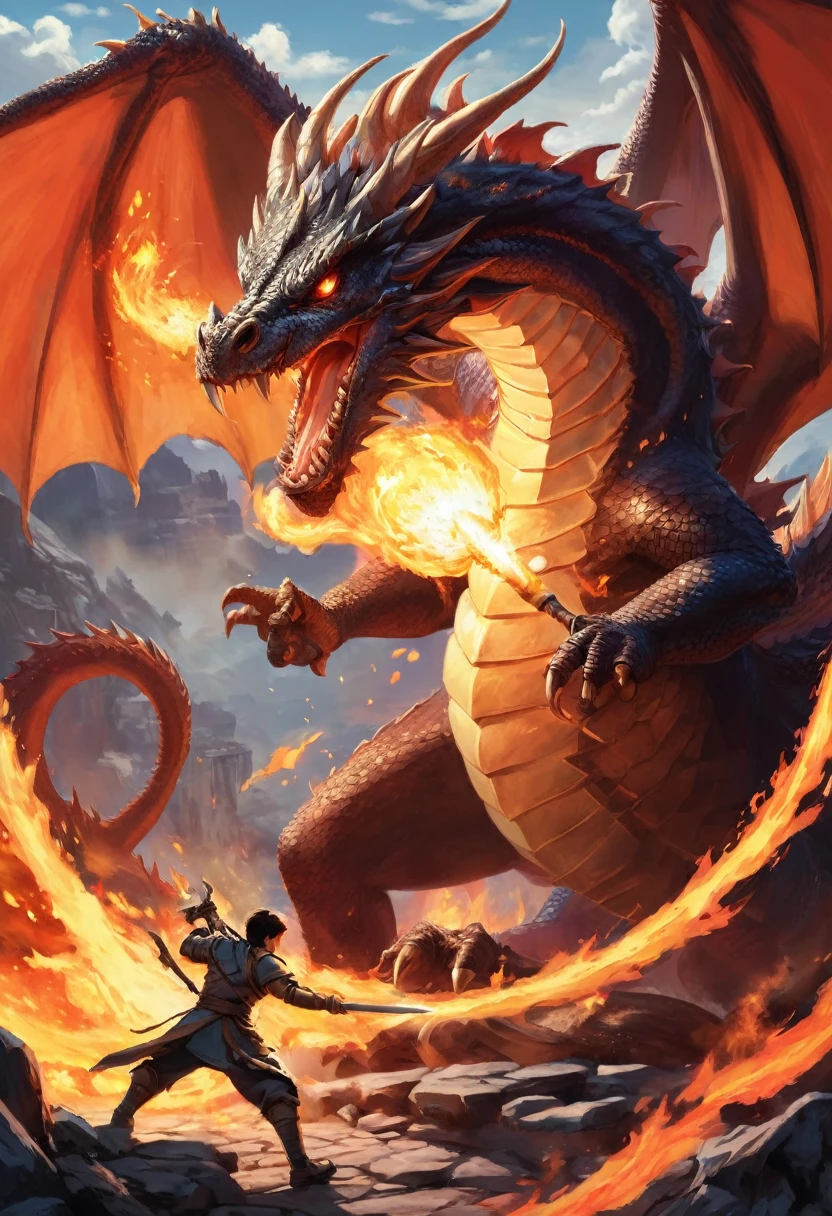 A hero from another world fights a 1v1 battle with a dragon that breathes fire。Hero holding a weapon，Dragon&#39;s flames burning in the air，Forming a fiery halo。The picture is full of motion blur dynamic effect，Shows intense battle scenes。This is a best work，With the best quality，masterpiece，representative work，Official Art，professional，Extremely complex and detailed，Resolution up to 8k。The dragon&#39;s fire contrasts with the hero&#39;s fortitude，Create a picture full of power and magic。