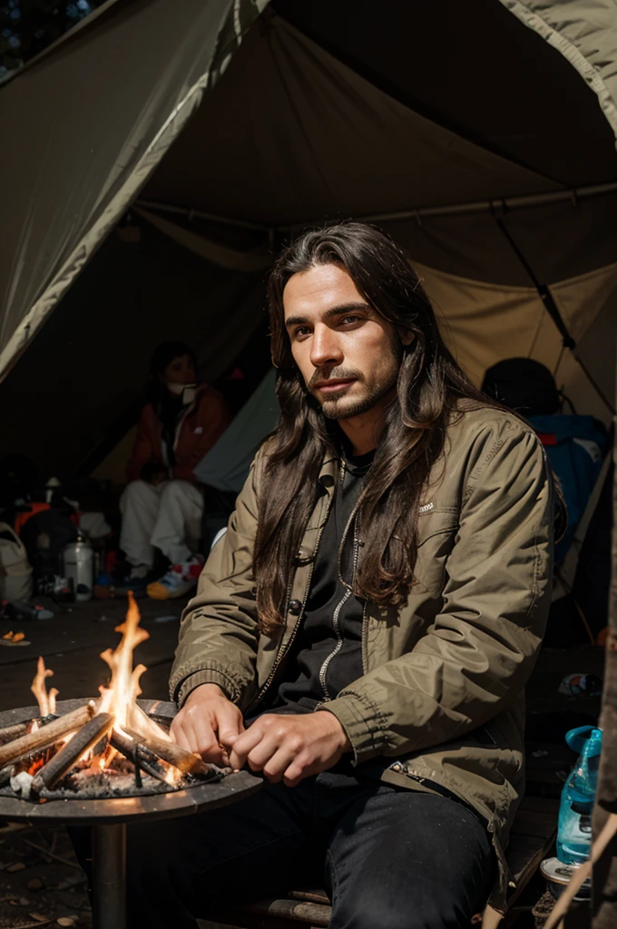 A caricature of a man with long hair wearing a jacket sitting in front of a camp with a fire
